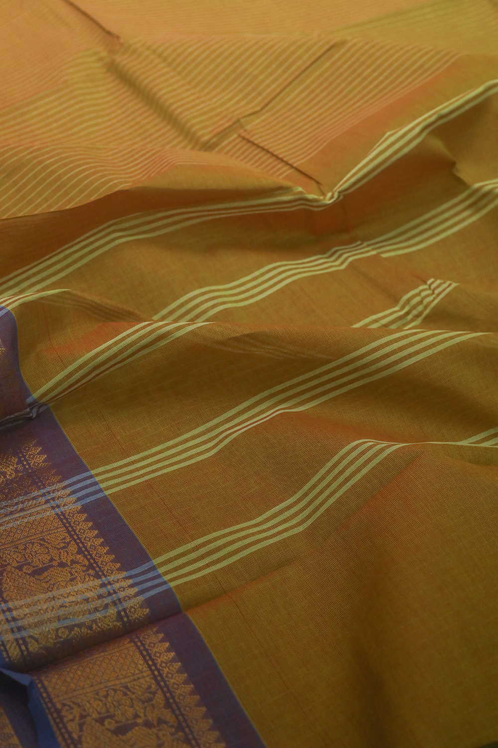 Dual Shaded Yellow with Checks Kanchipuram Cotton saree - Image 3