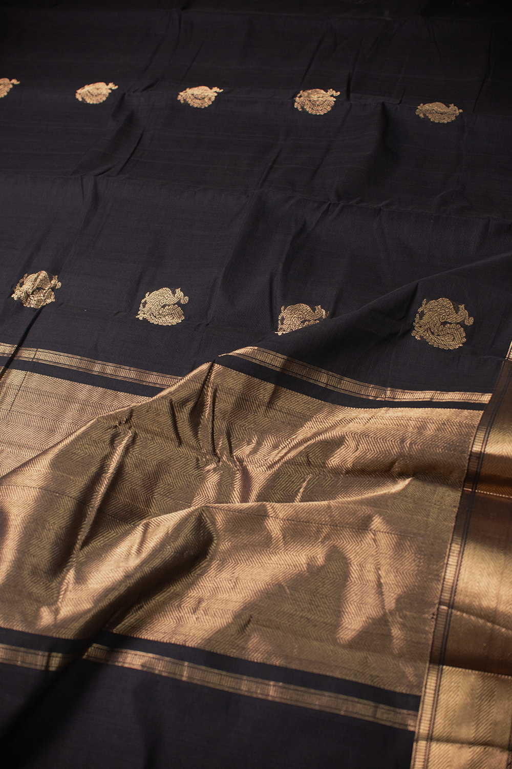 Black with Zari Motifs Kanchipuram Cotton saree - Image 3