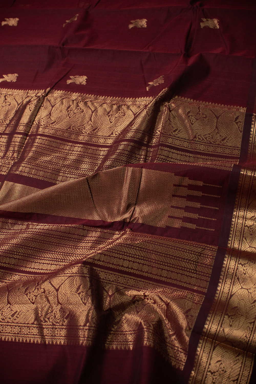 Maroon with Zari Butta Kanchipuram Cotton saree - Image 3