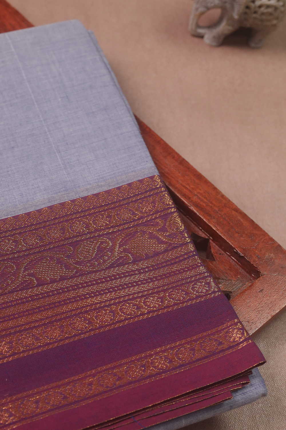 Creamy Blue with Purple Zari Border Kanchipuram Cotton saree