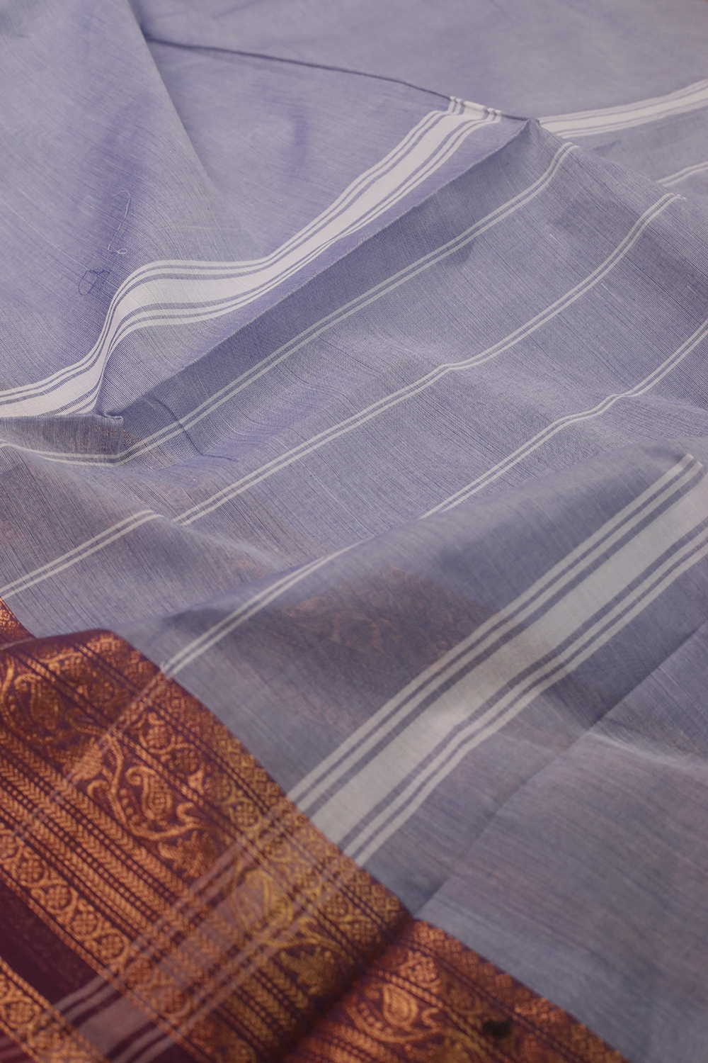 Creamy Blue with Purple Zari Border Kanchipuram Cotton saree - Image 3