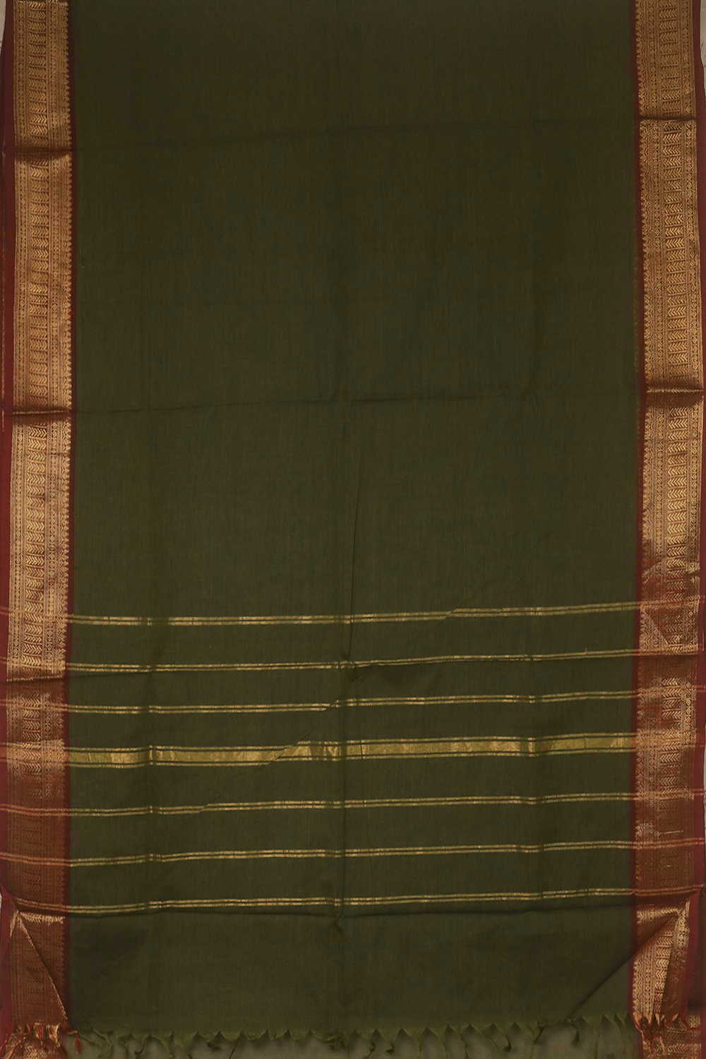 Green with Maroon Zari Border Kanchipuram Cotton saree - Image 2
