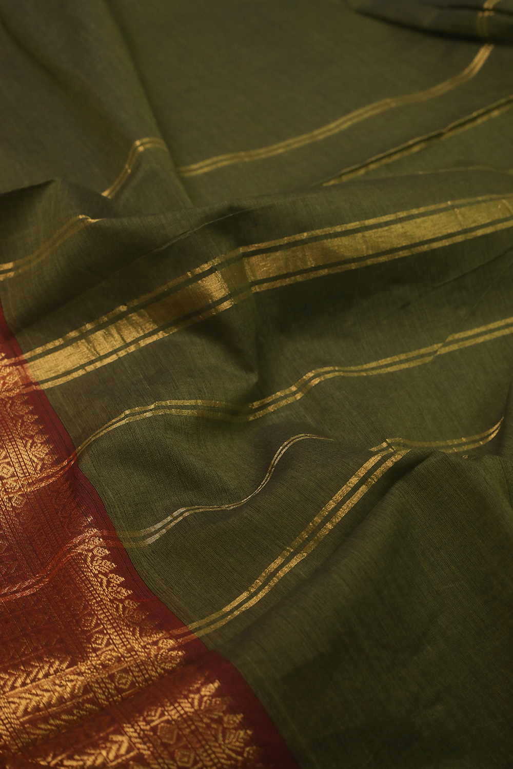 Green with Maroon Zari Border Kanchipuram Cotton saree - Image 3