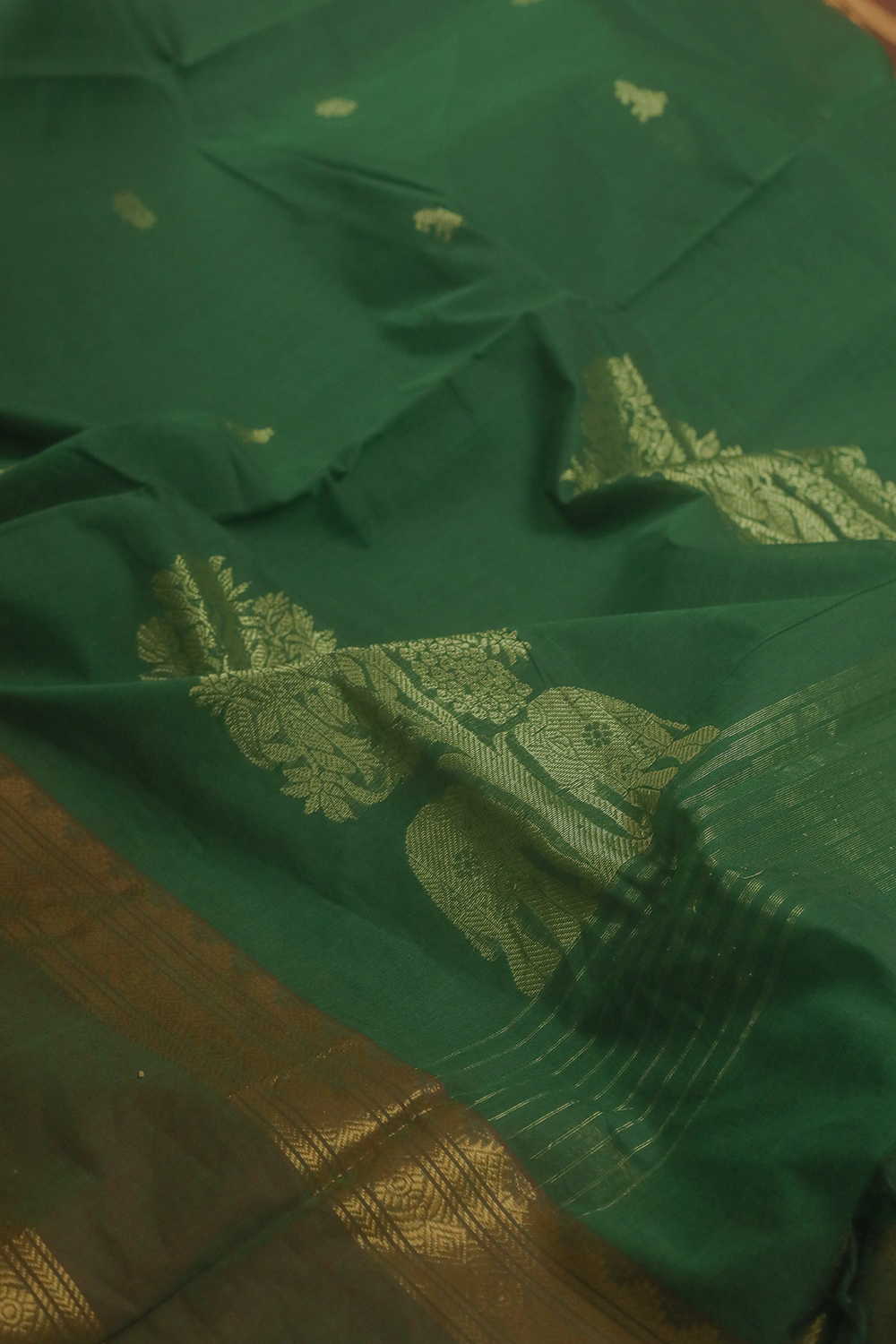 Zari Border - Leaf Green Kanchipuram Cotton saree - Image 3
