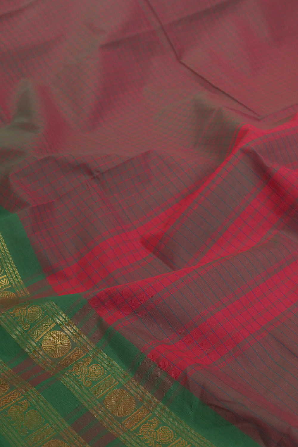 Green Border with Checks Kanchipuram Cotton saree - Image 3
