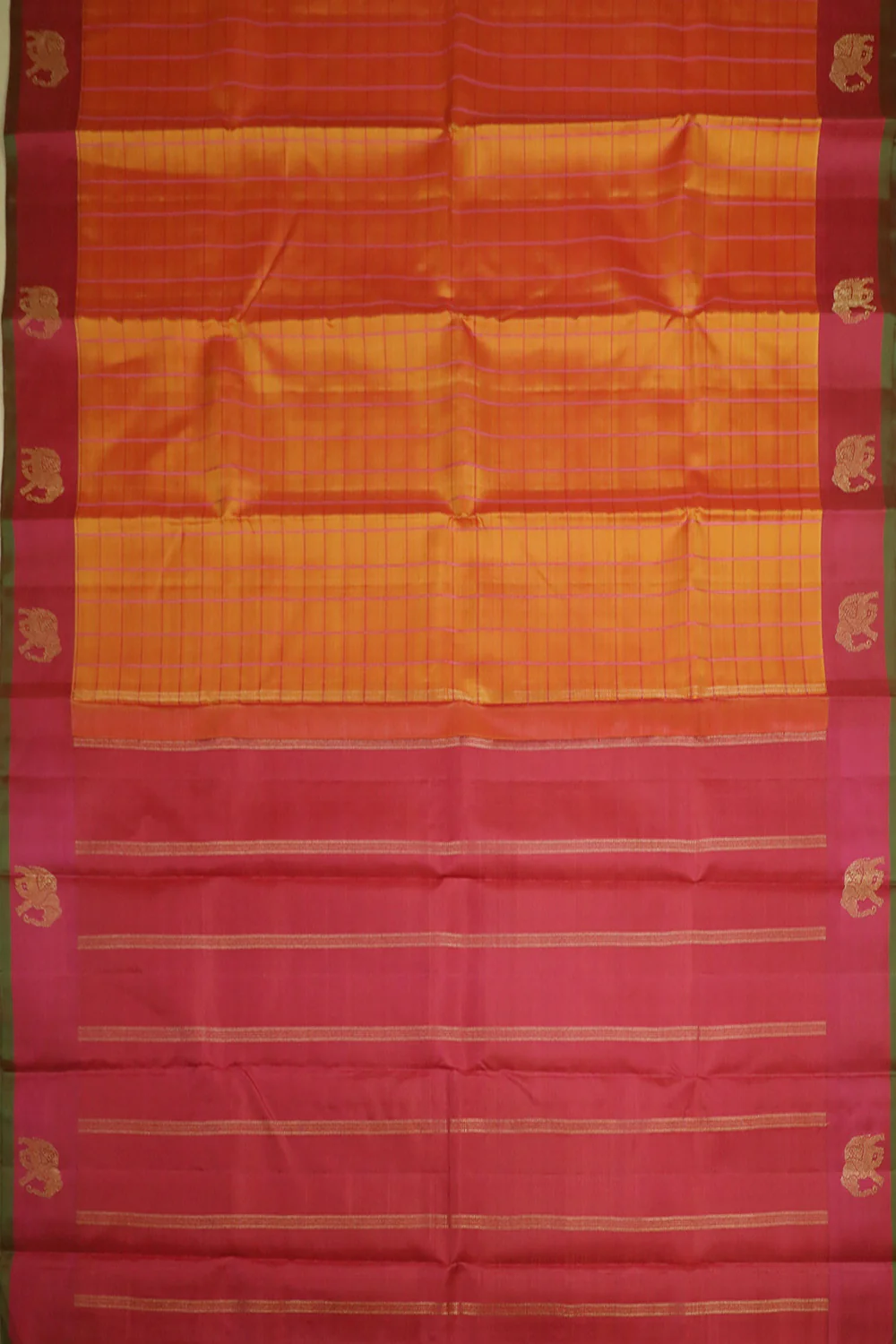 Orange with Pink Border Kanchipuram Silk Saree - Image 2