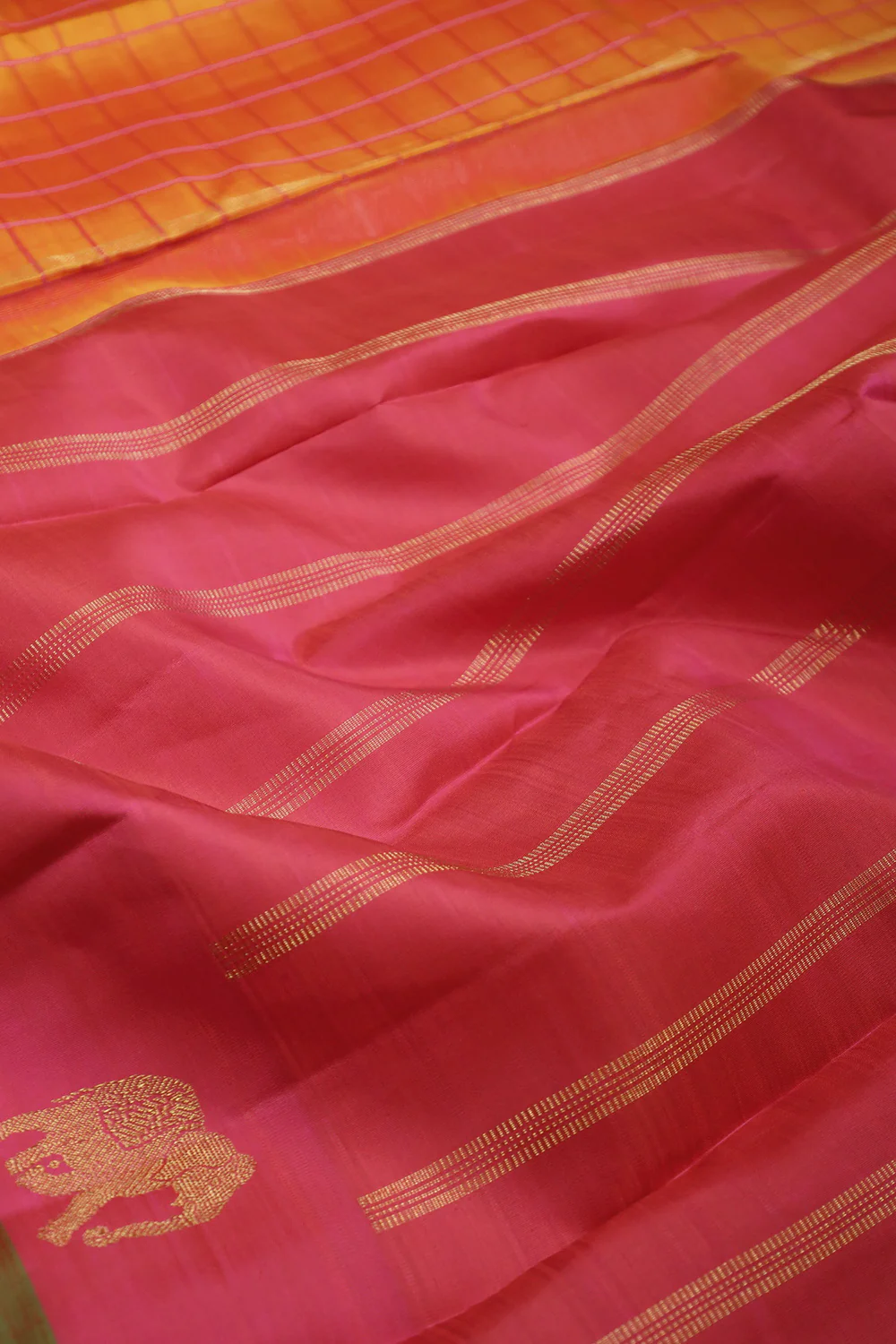 Orange with Pink Border Kanchipuram Silk Saree - Image 3