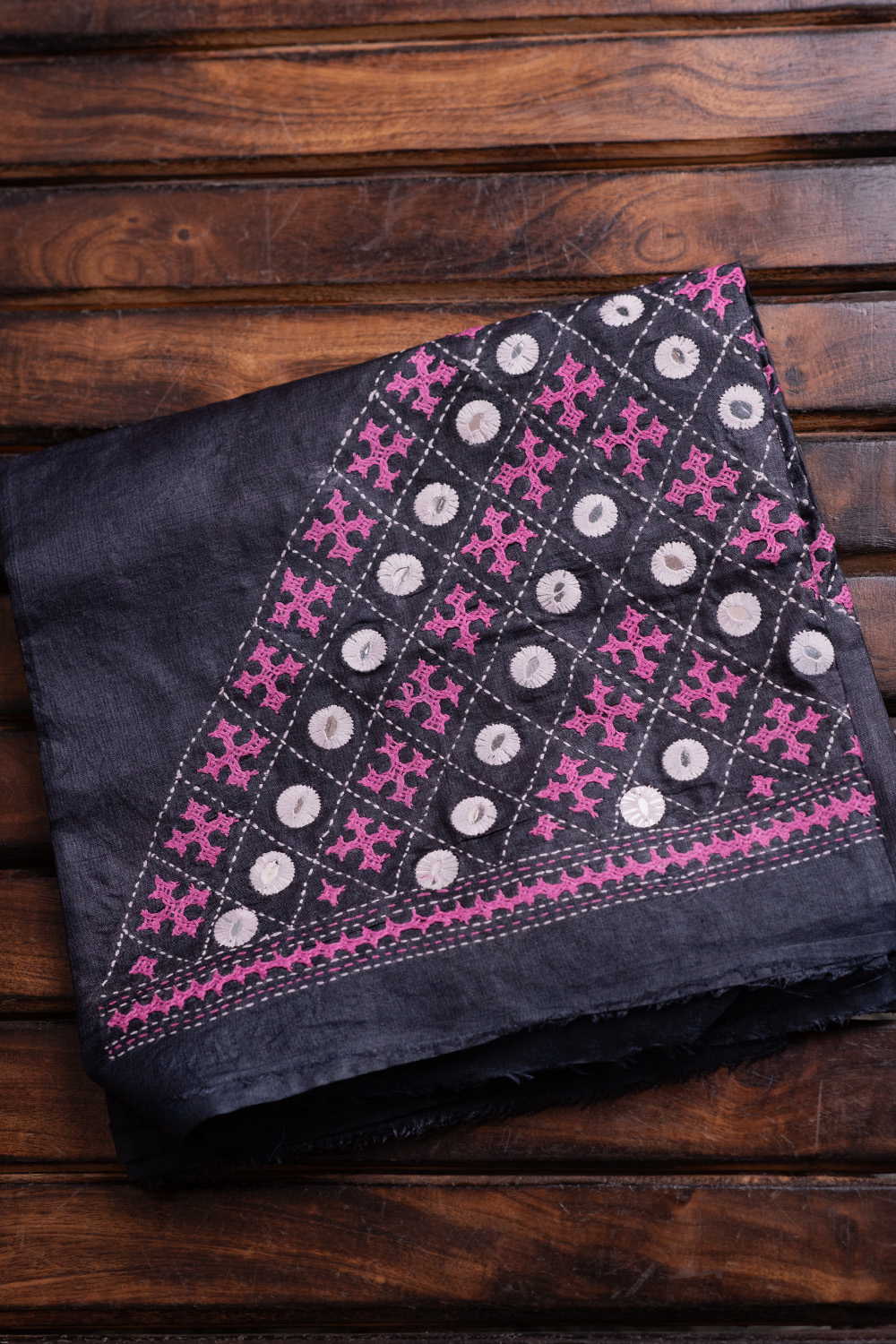 Mirror Work on Dark Grey Kantha Silk Blouse