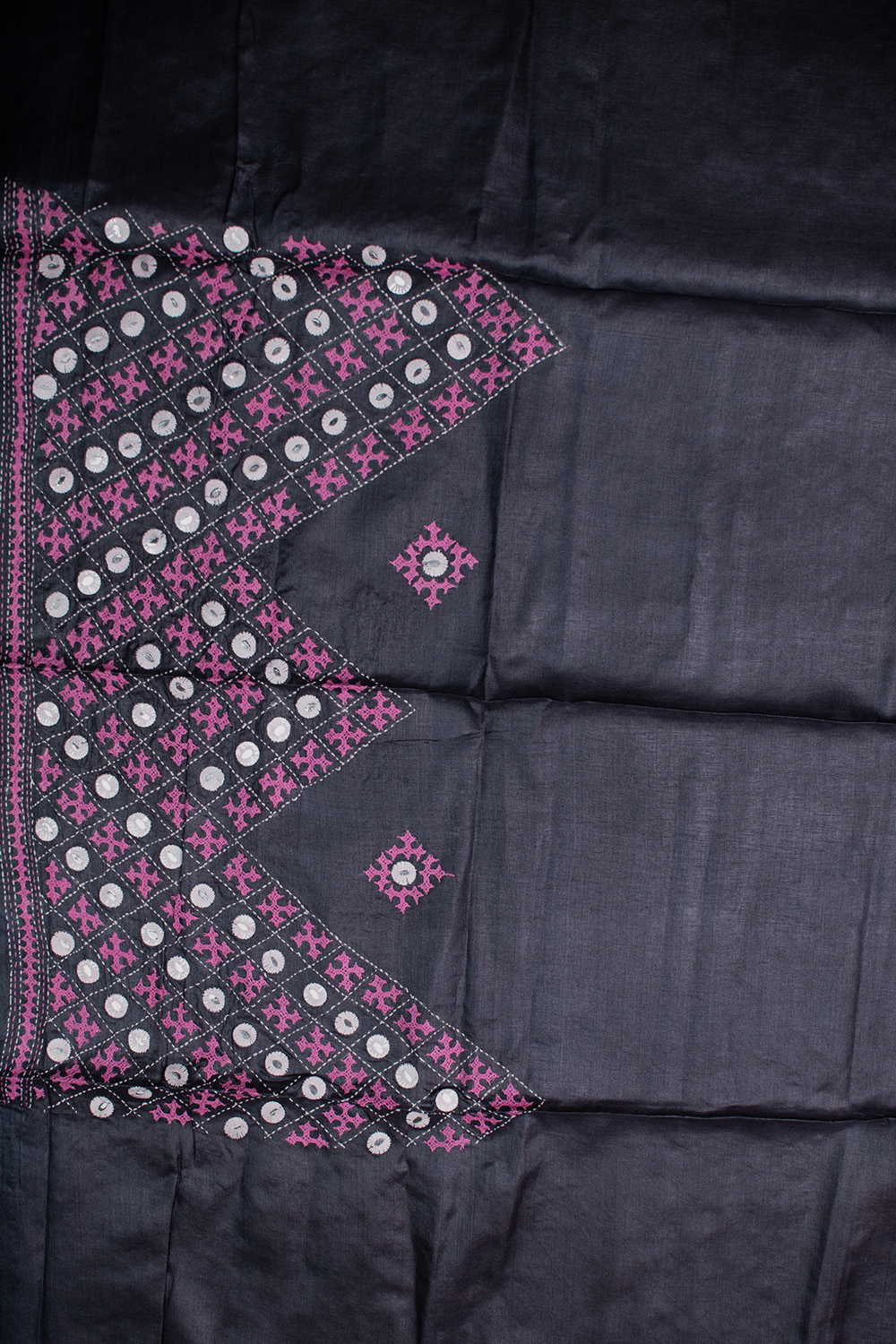 Mirror Work on Dark Grey Kantha Silk Blouse - Image 3