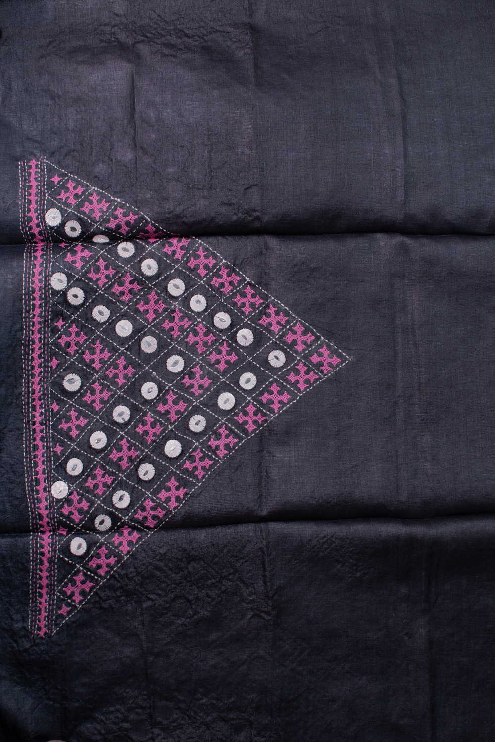 Mirror Work on Dark Grey Kantha Silk Blouse - Image 4