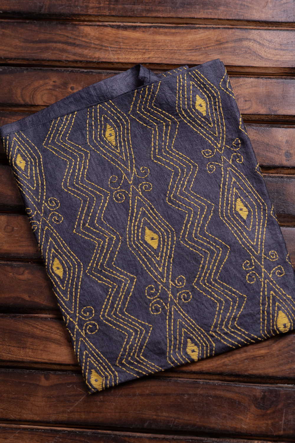 Yellow Pattern on Grey Kantha Silk Blouse