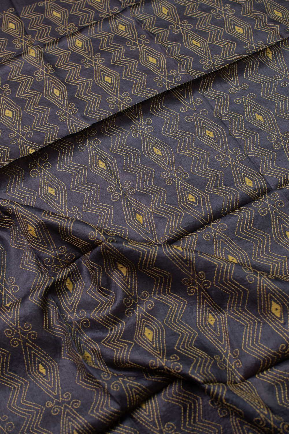 Yellow Pattern on Grey Kantha Silk Blouse - Image 3