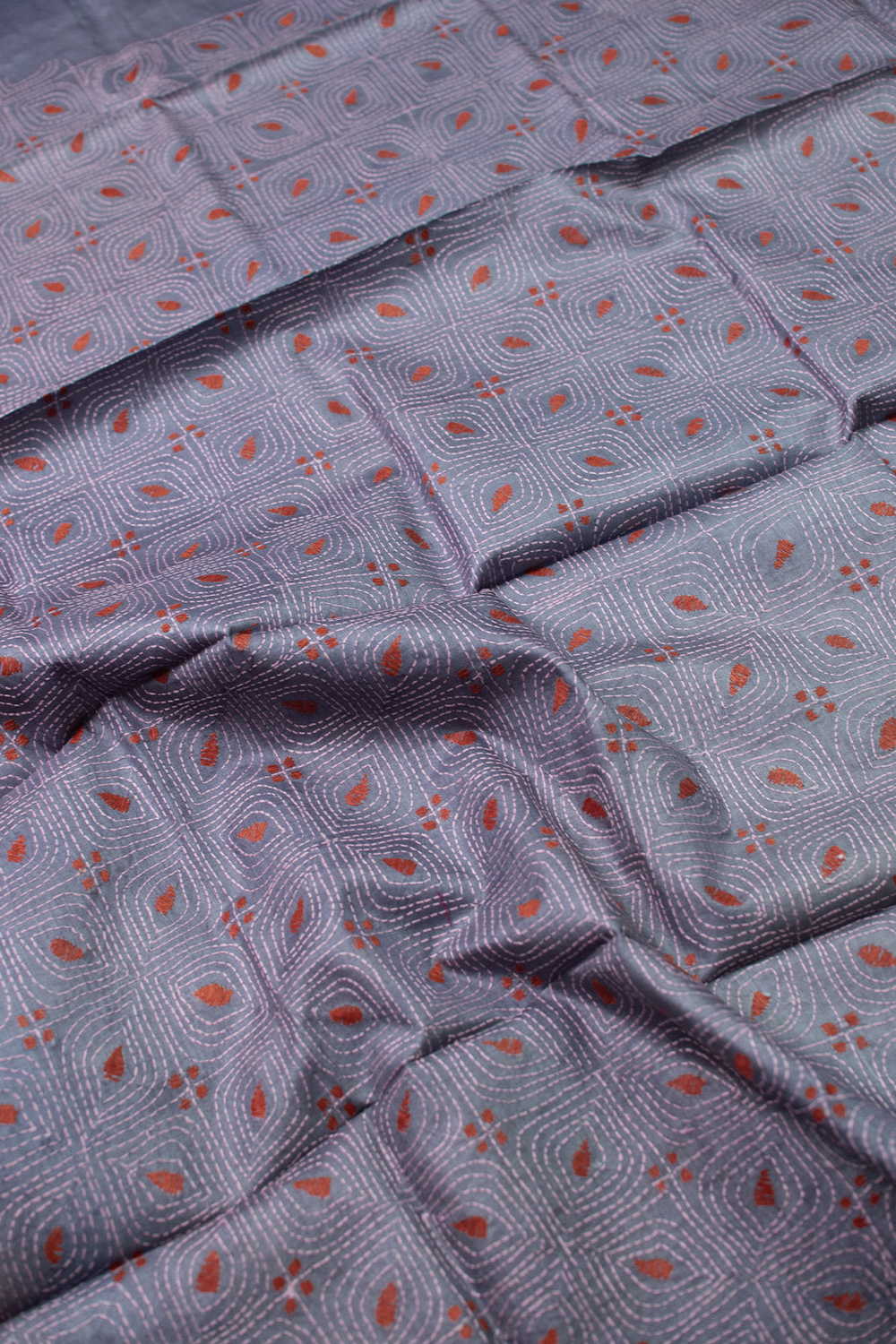 Grey with Intricate Design Kantha Silk Blouse - Image 3