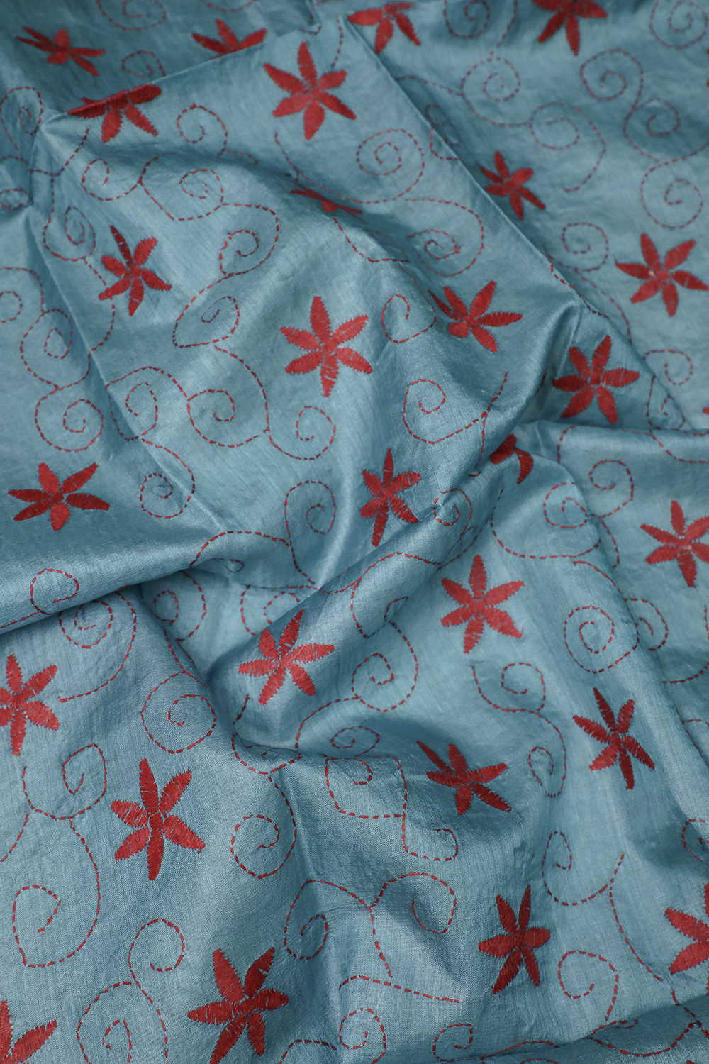 Blue with Maroon Floral Kantha Silk Blouse - Image 3