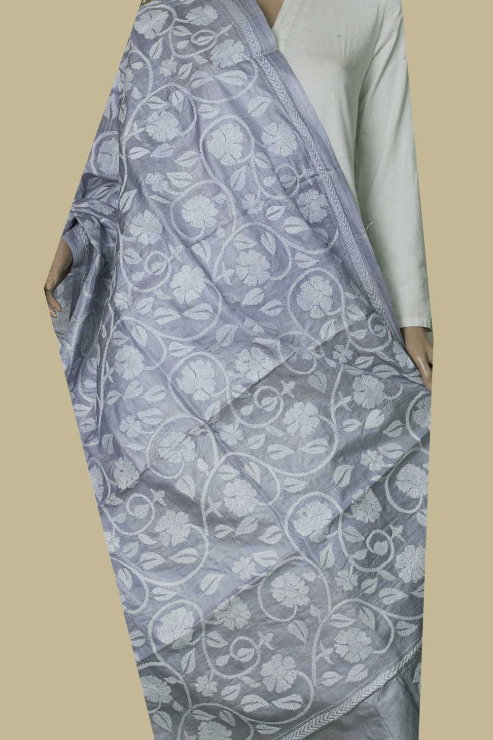 Cream with Grey Floral Kantha Silk Dupatta