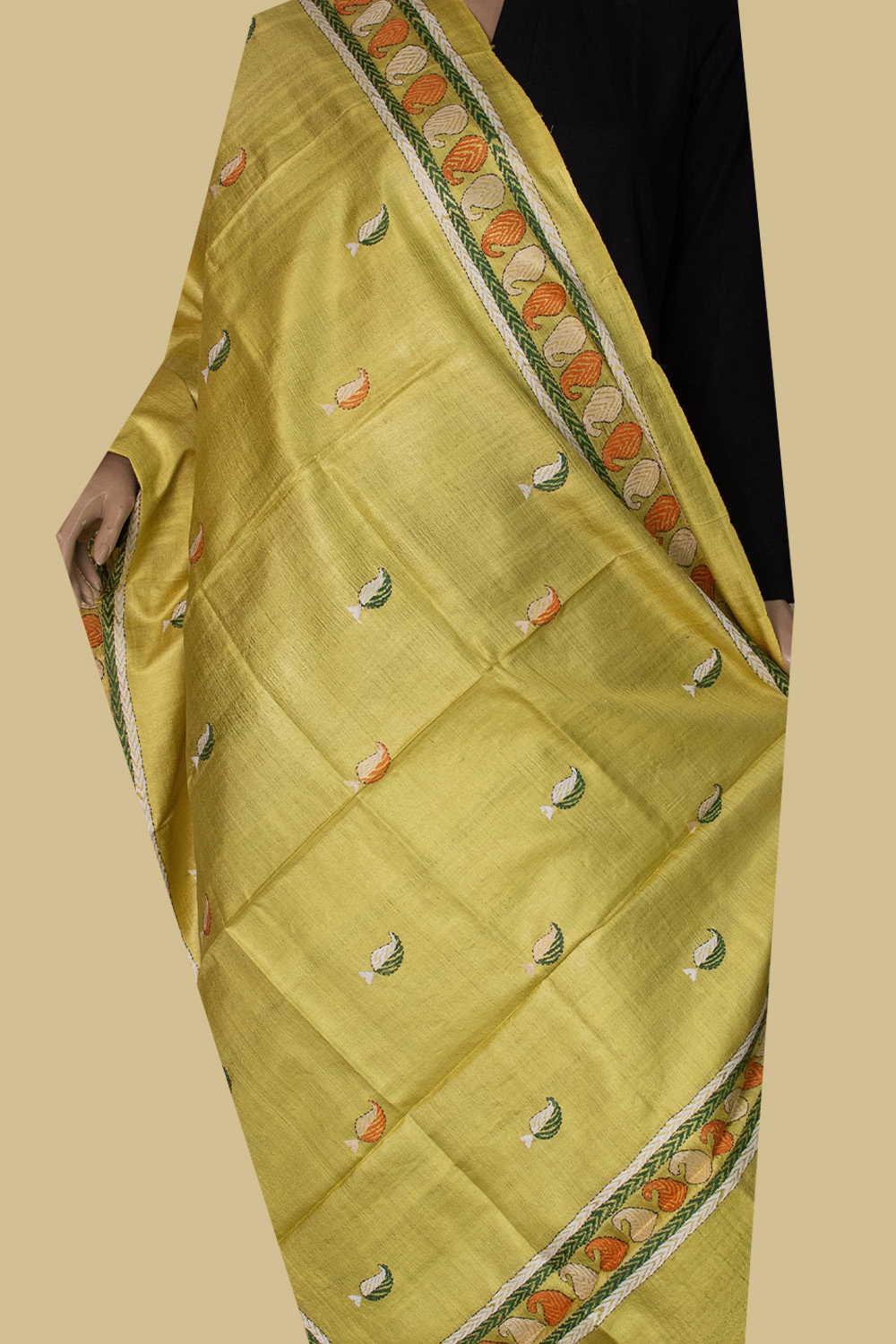 Yellow Kantha Silk Dupatta