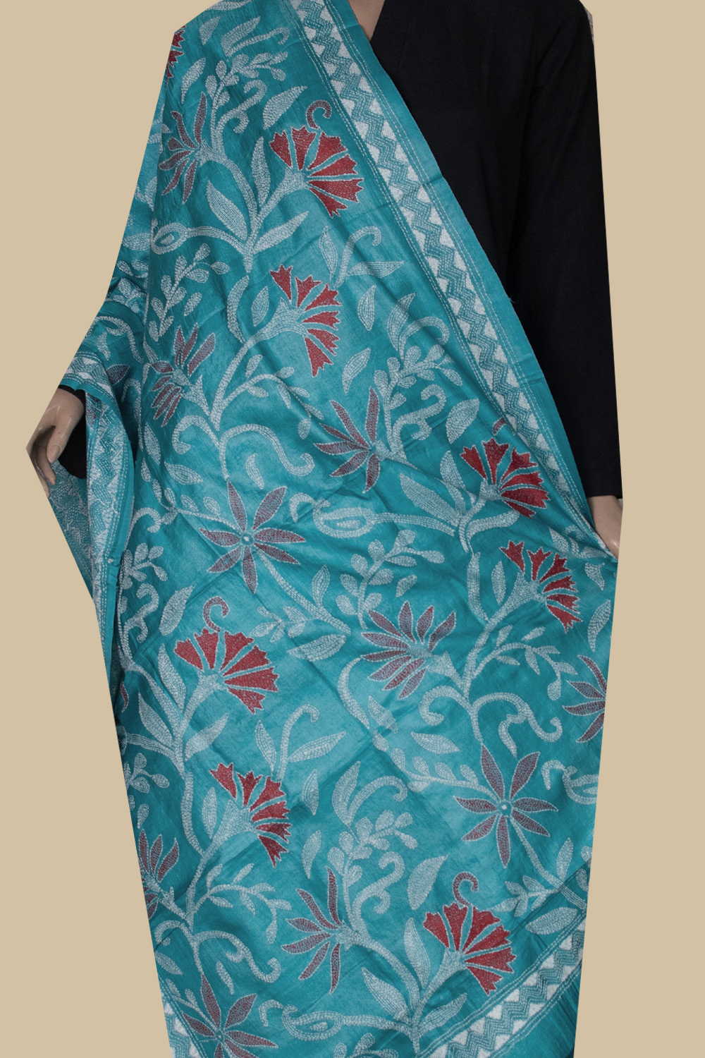Floral Garden - Blue Kantha Silk Dupatta