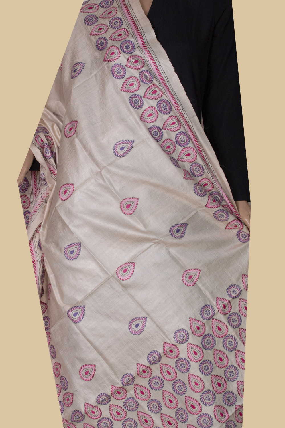 Ivory Cream Kantha Silk Dupatta