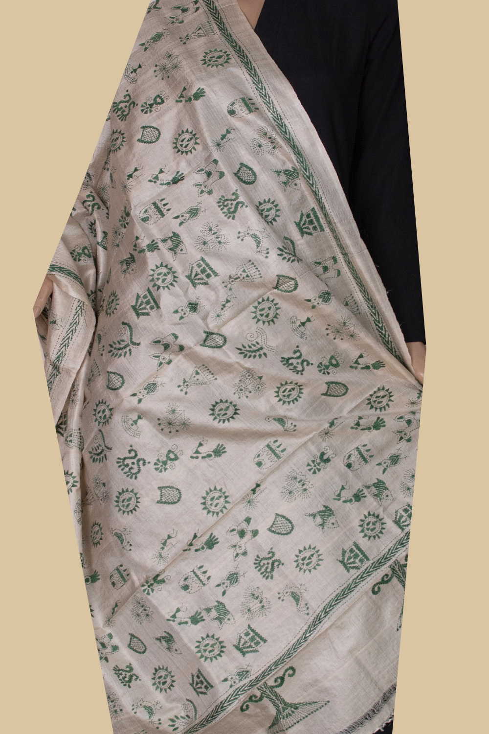 Green Motifs - Cream Kantha Silk Dupatta