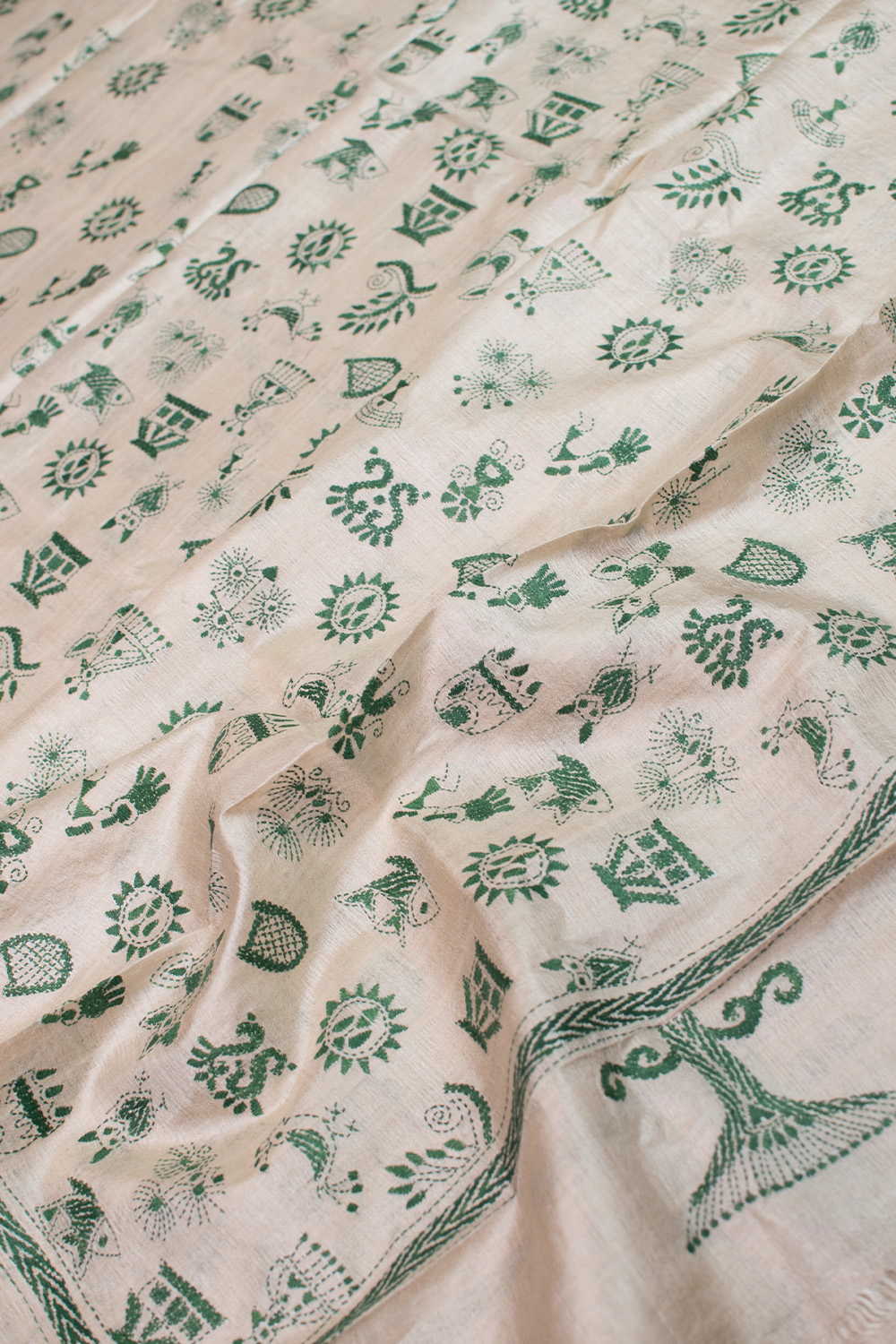 Green Motifs - Cream Kantha Silk Dupatta - Image 2