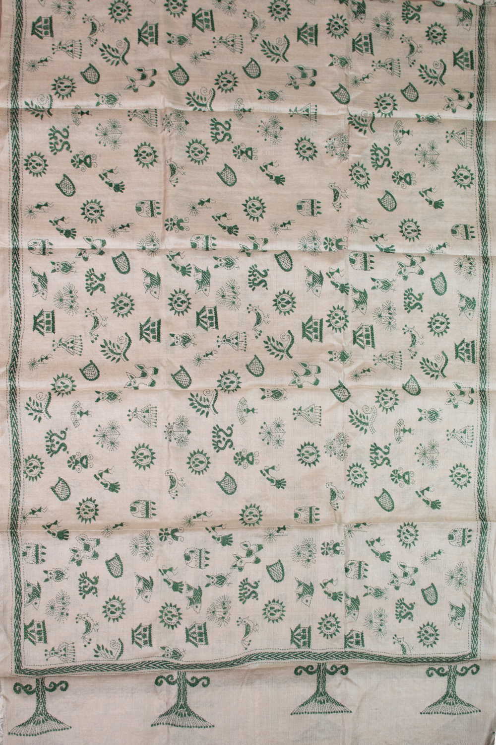 Green Motifs - Cream Kantha Silk Dupatta - Image 3