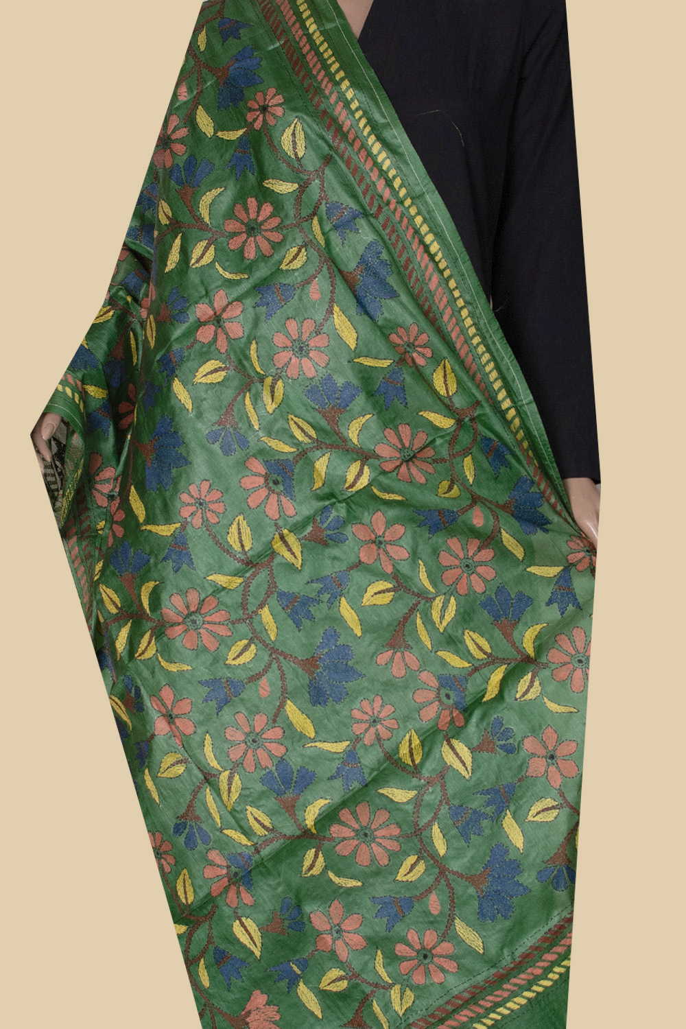 Green Garden Kantha Silk Dupatta