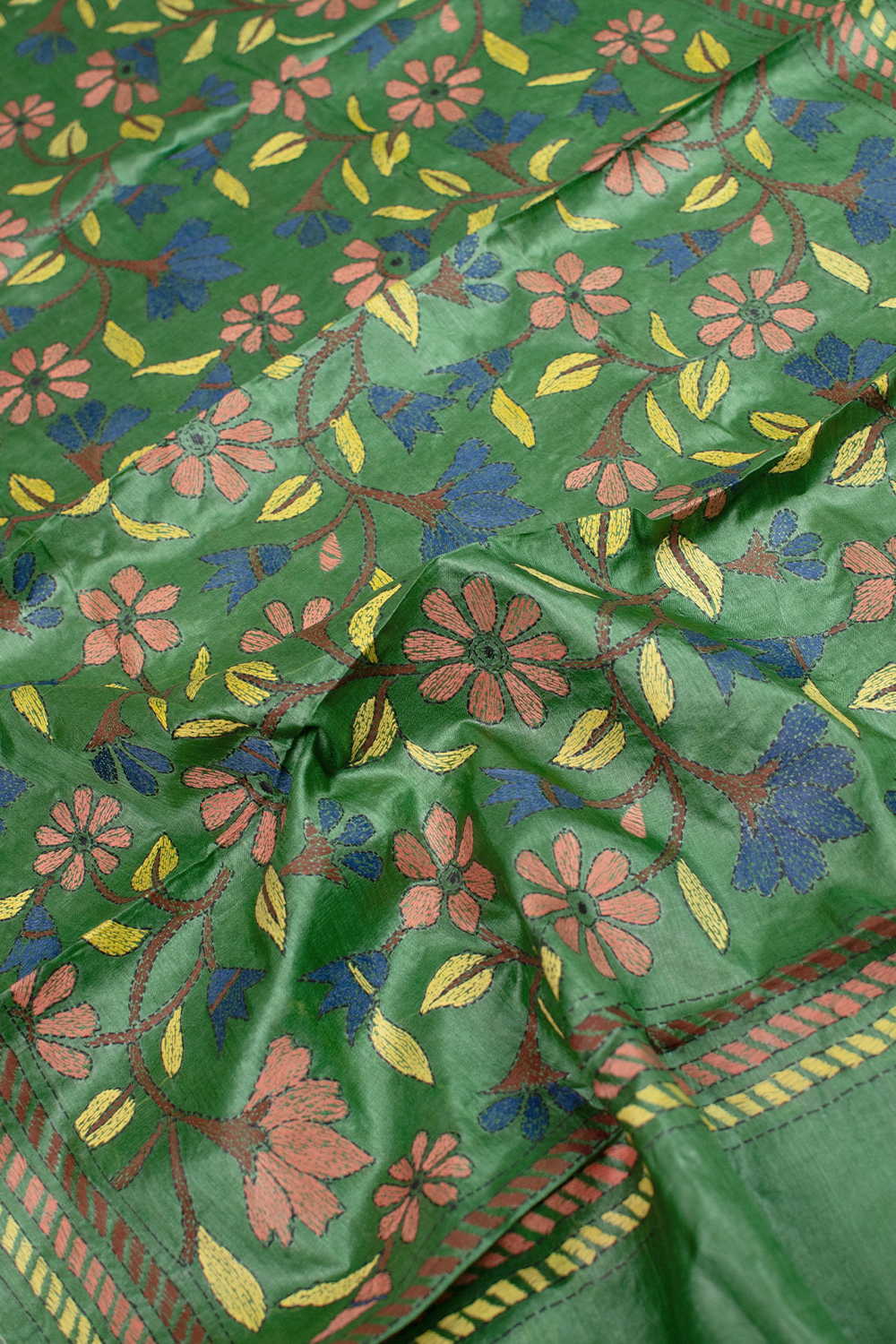 Green Garden Kantha Silk Dupatta - Image 2