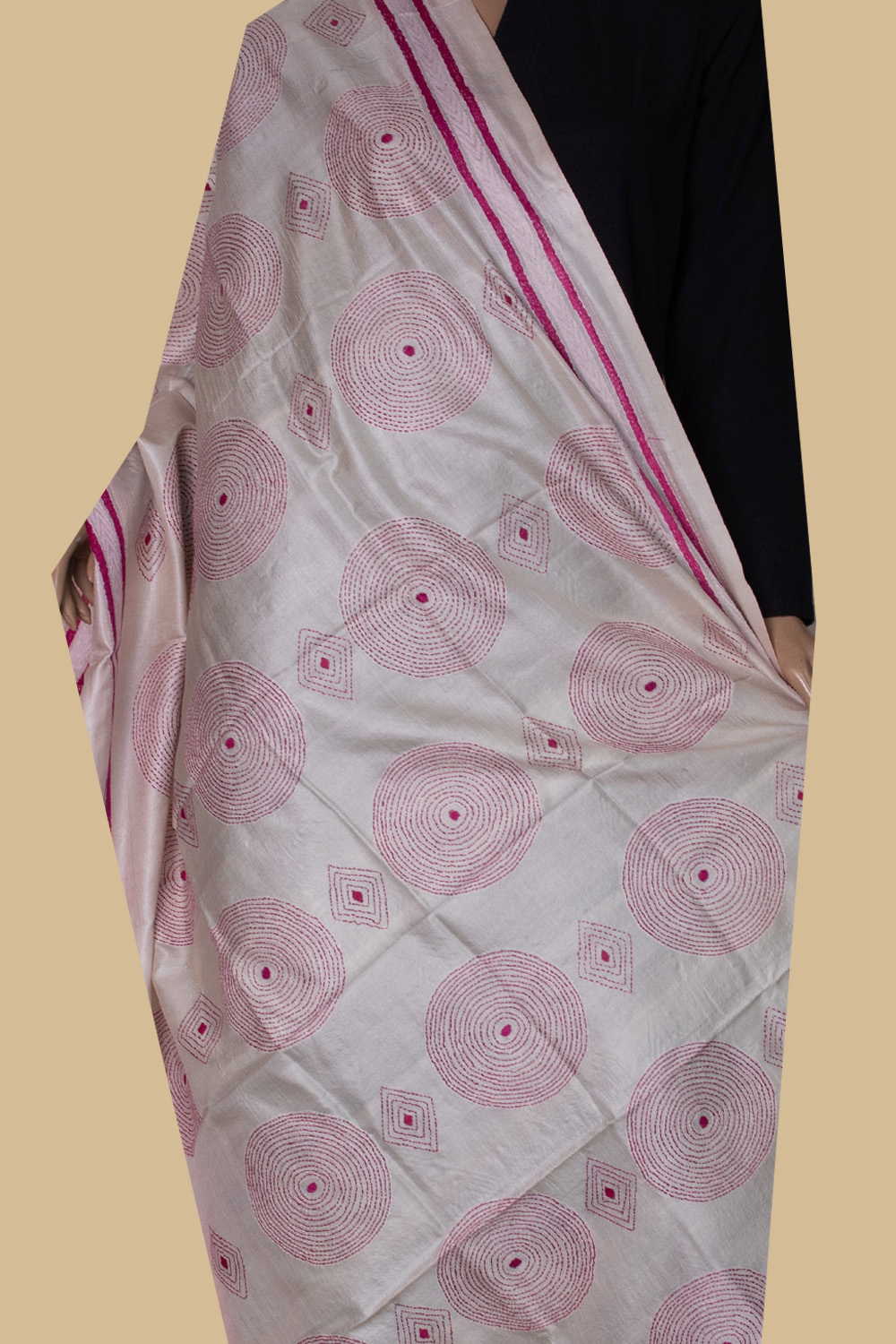 Pink with Cream Kantha Silk Dupatta