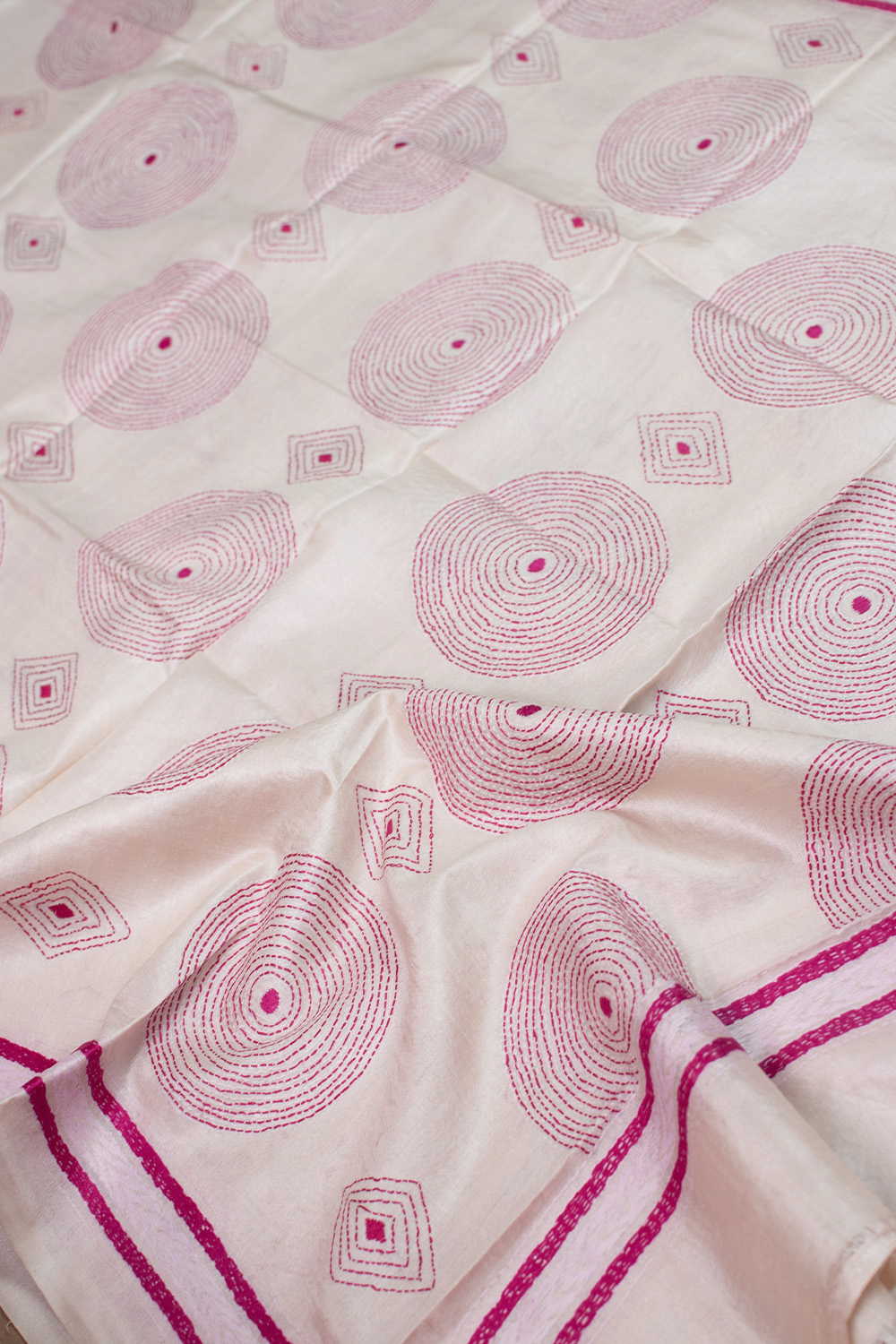 Pink with Cream Kantha Silk Dupatta - Image 2