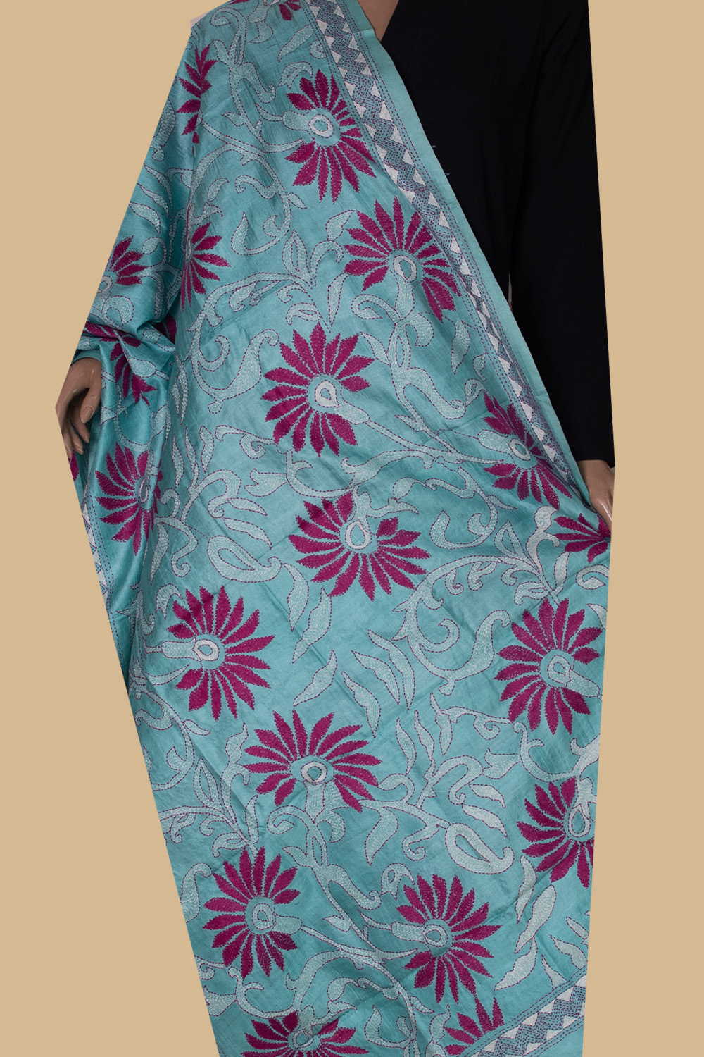 Pink Floral Kantha Silk Dupatta