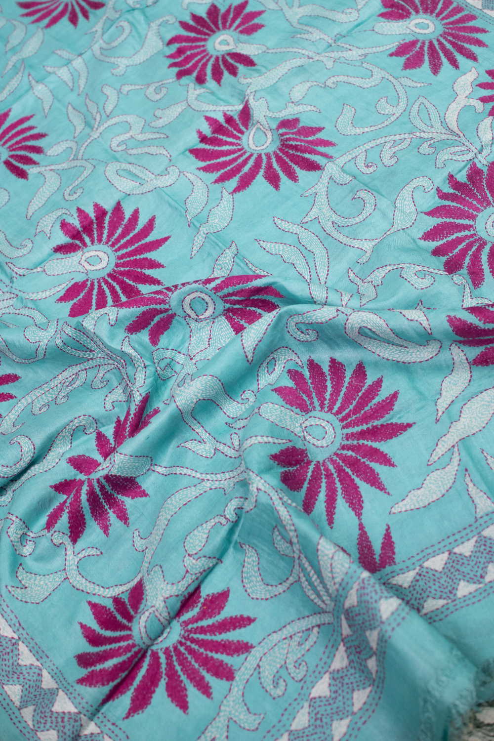 Pink Floral Kantha Silk Dupatta - Image 2