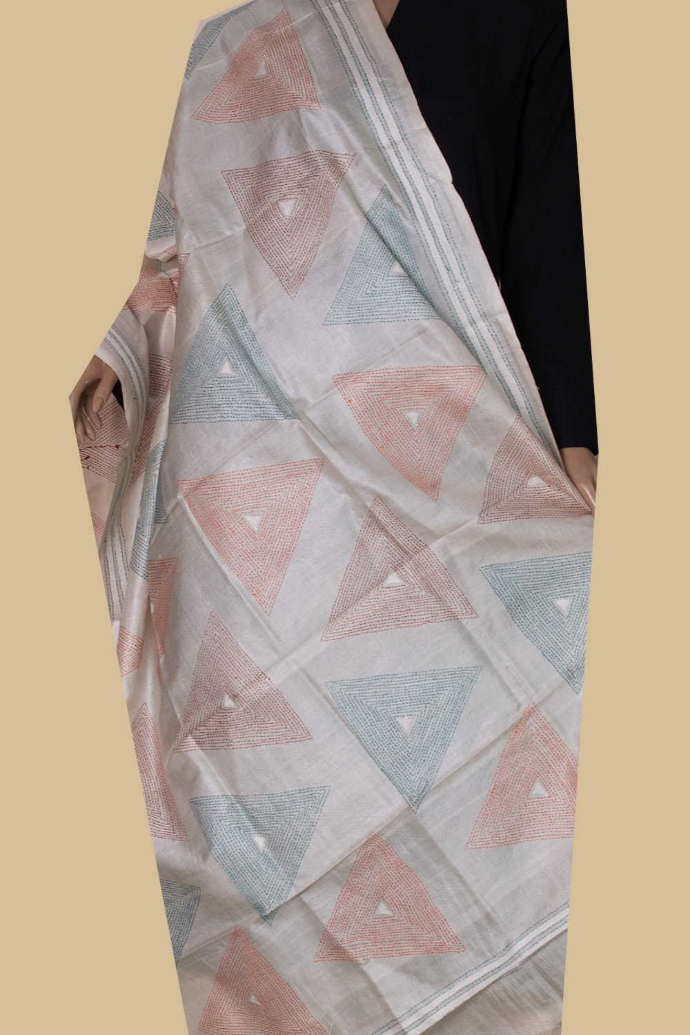 Triangle Pattern - Cream Kantha Silk Dupatta