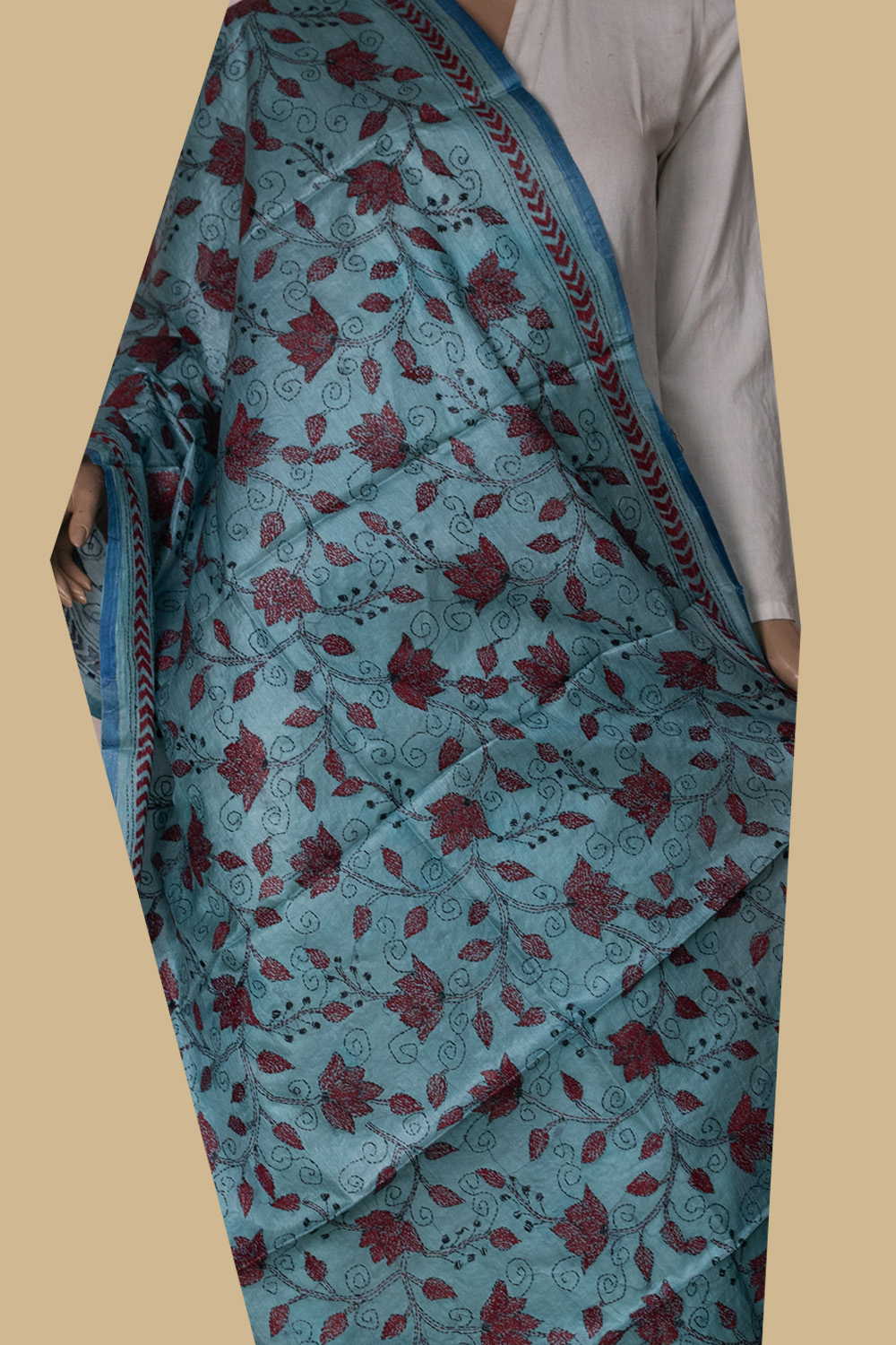 Maroon Floral Kantha Silk Dupatta