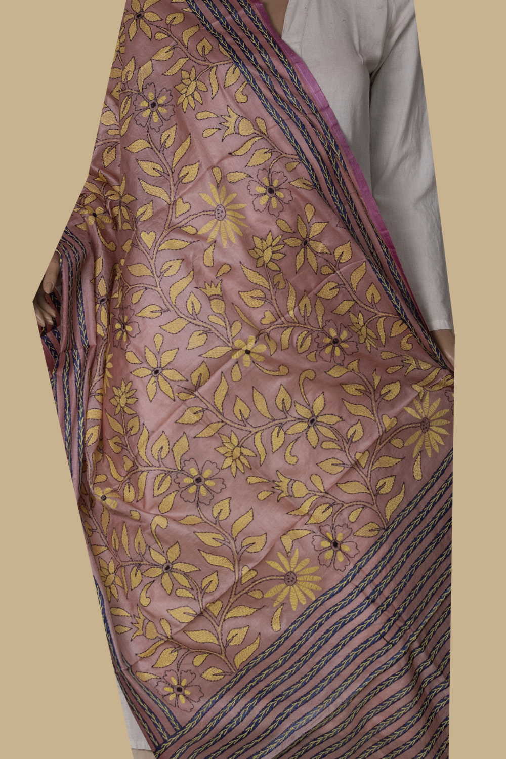 Yellow Floral Kantha Silk Dupatta