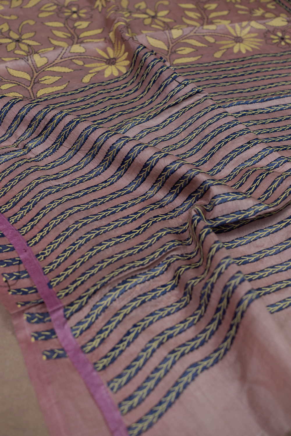 Yellow Floral Kantha Silk Dupatta - Image 2