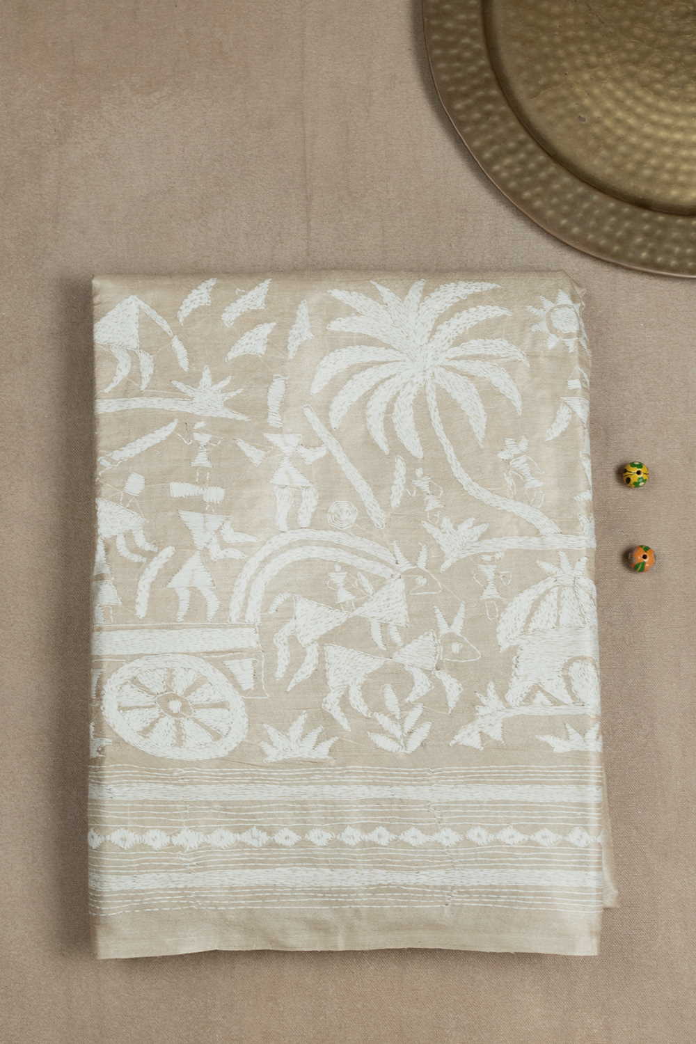 Beige Floral Kantha Silk saree