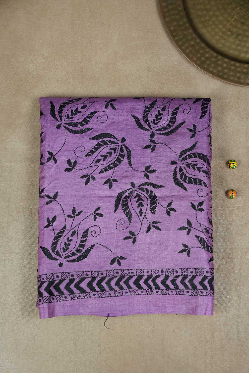 Black Floral on Purple Kantha Tussar saree
