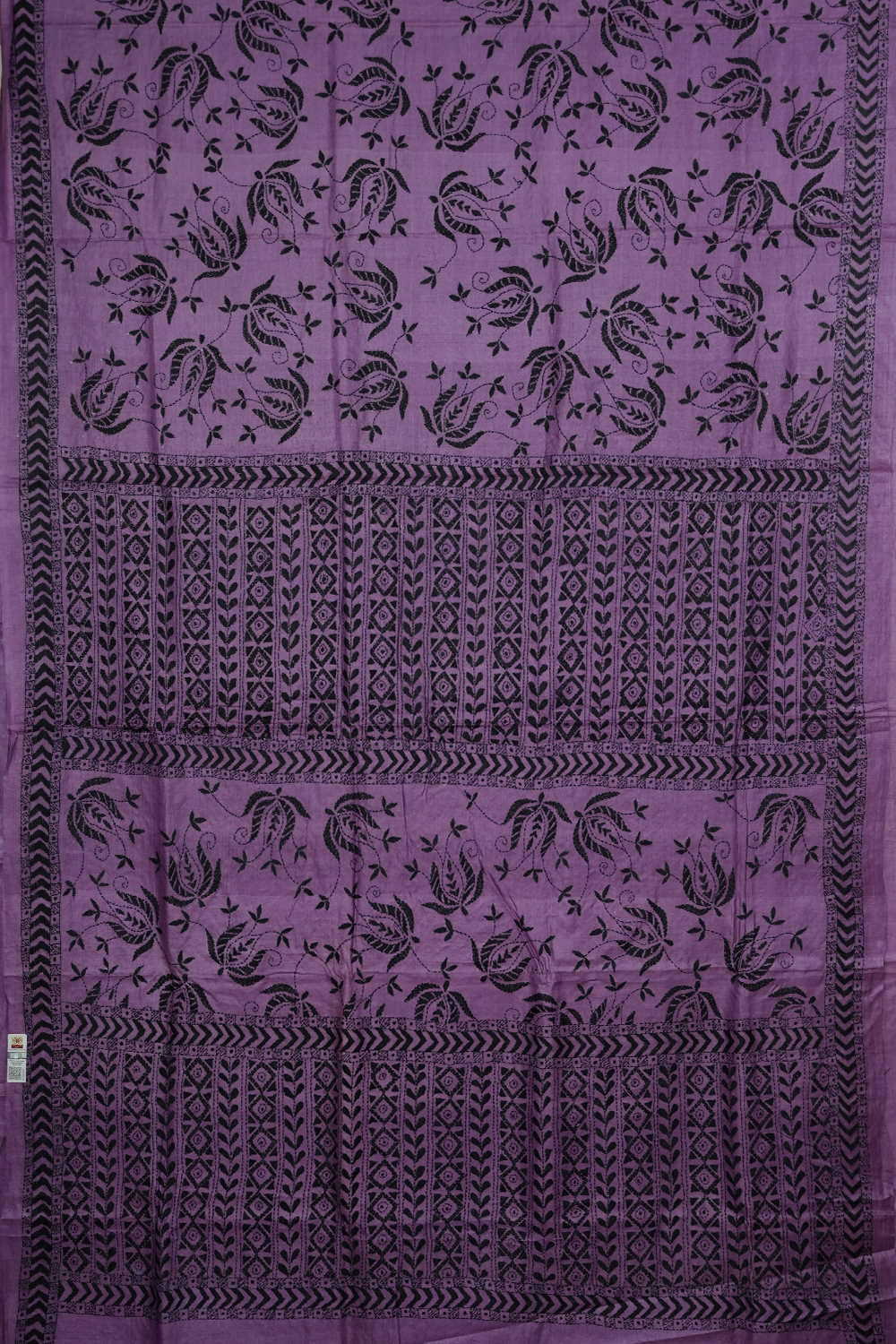 Black Floral on Purple Kantha Tussar saree - Image 2