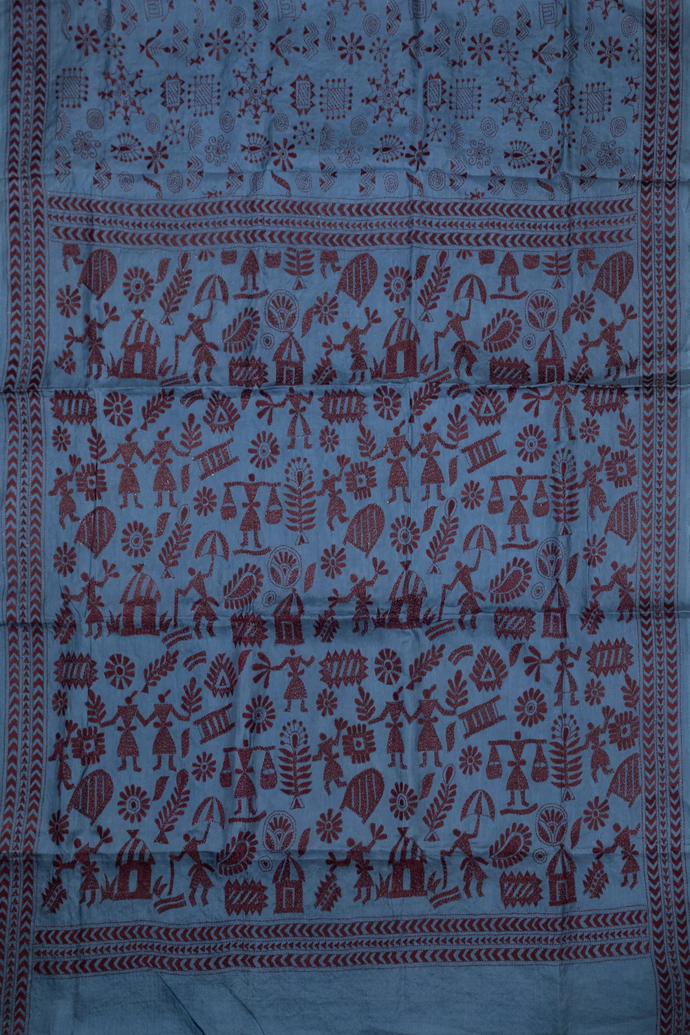 Maroon Motifs on Blue Kantha Tussar saree - Image 2