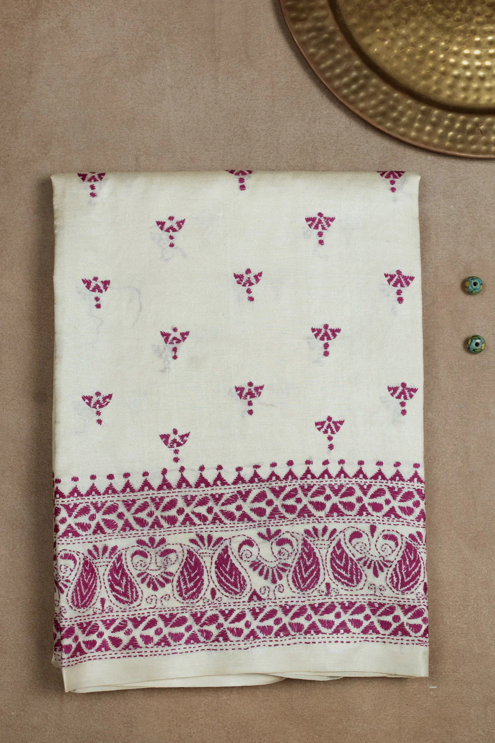 Pink Motifs on Cream Kantha Tussar Saree