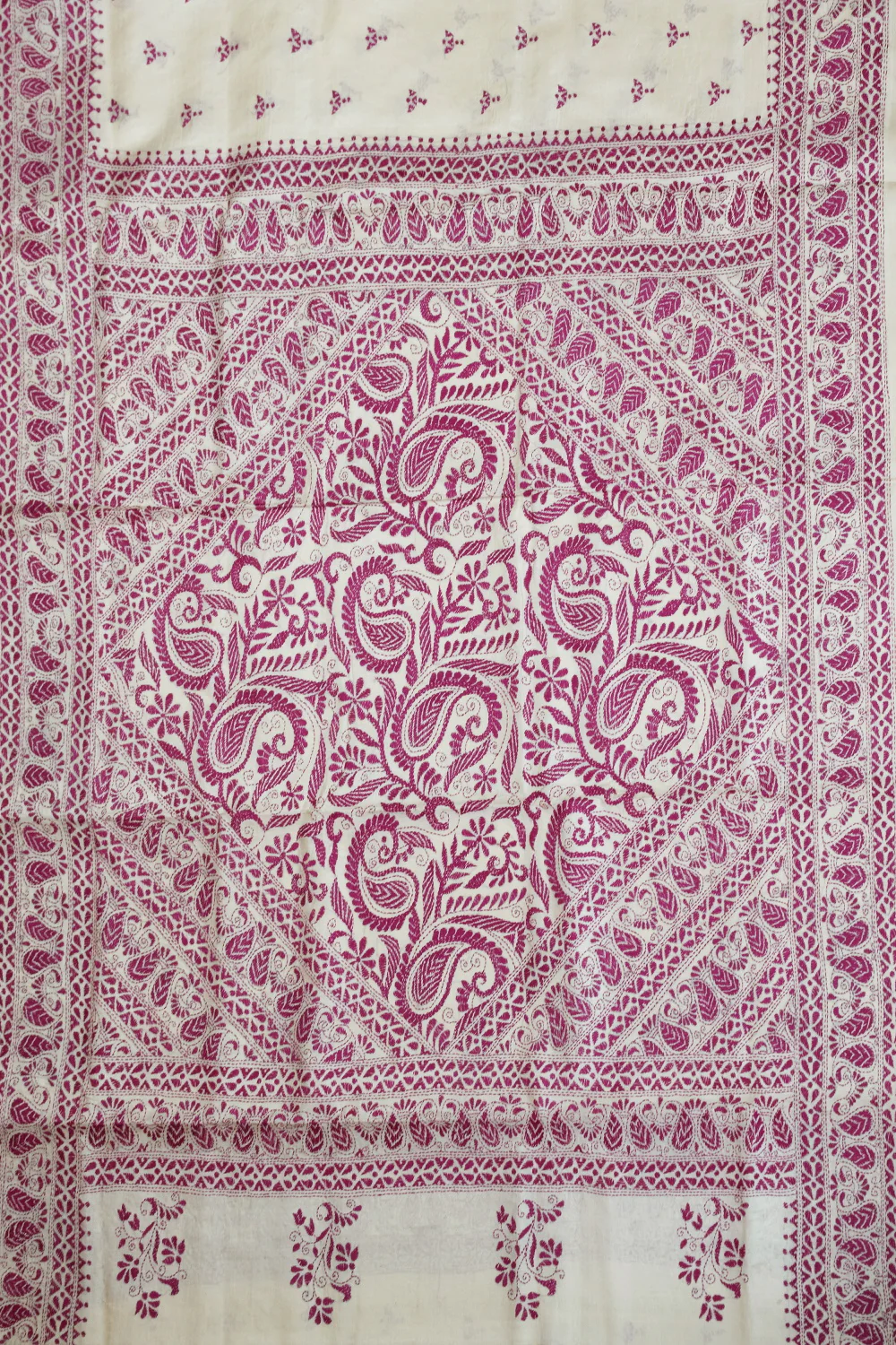 Pink Motifs on Cream Kantha Tussar Saree - Image 2
