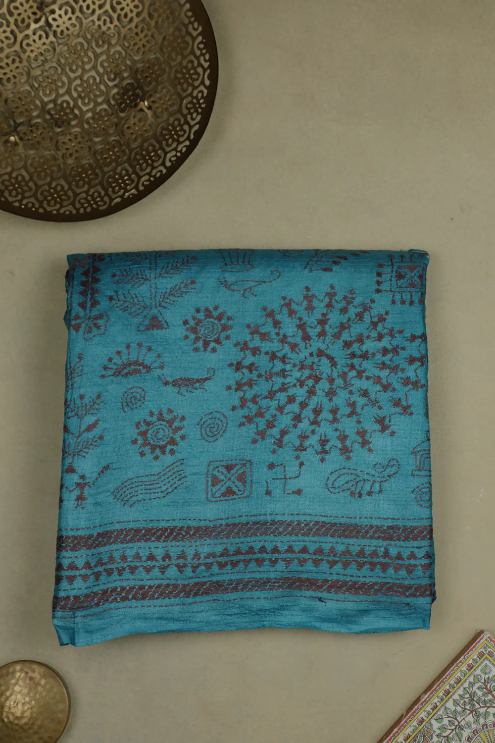 Blue with Maroon Motifs Kantha Tussar Silk Saree