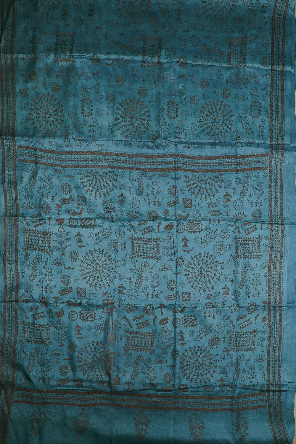 Blue with Maroon Motifs Kantha Tussar Silk Saree - Image 2