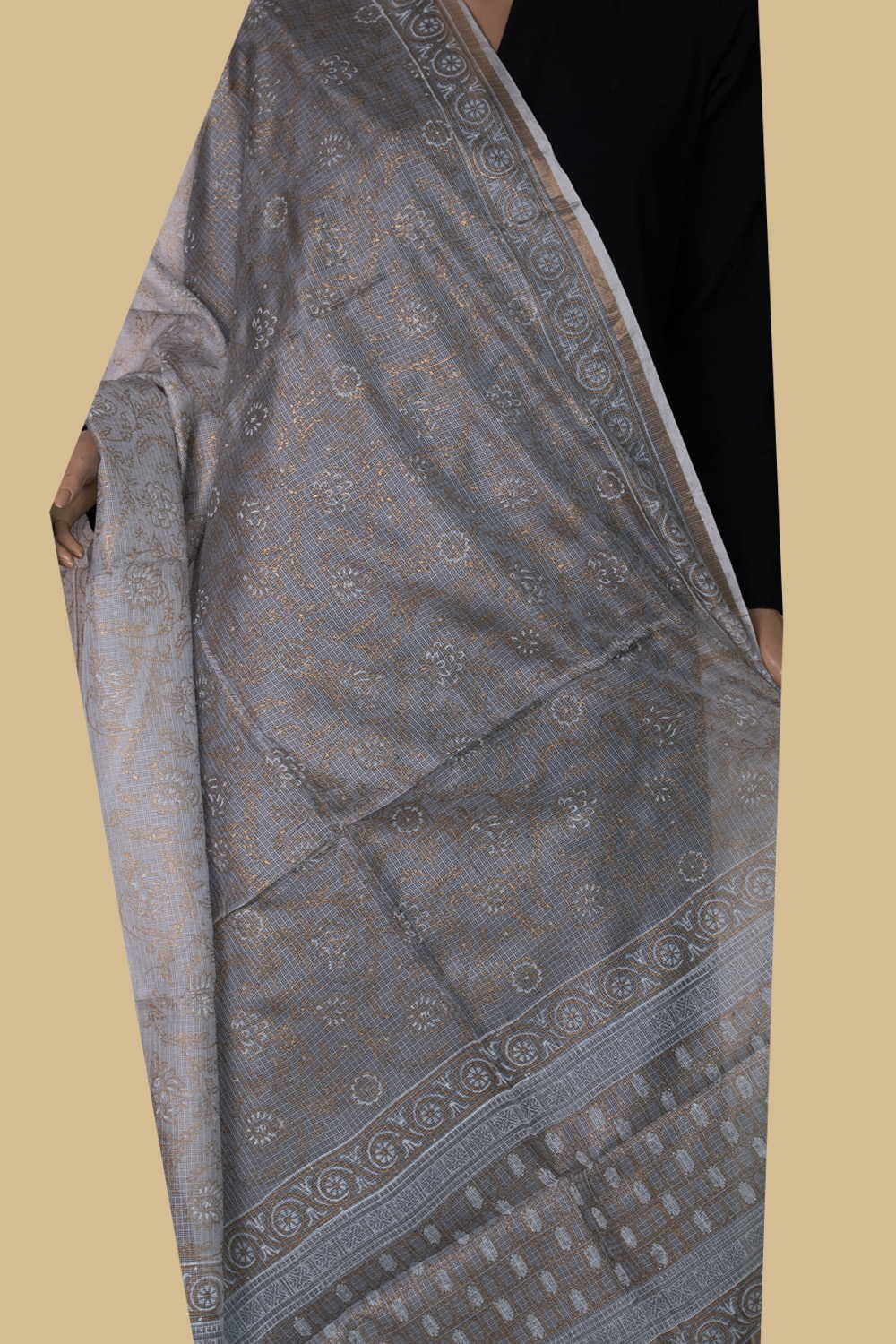 Cream Block Printed Kota Silk Dupatta