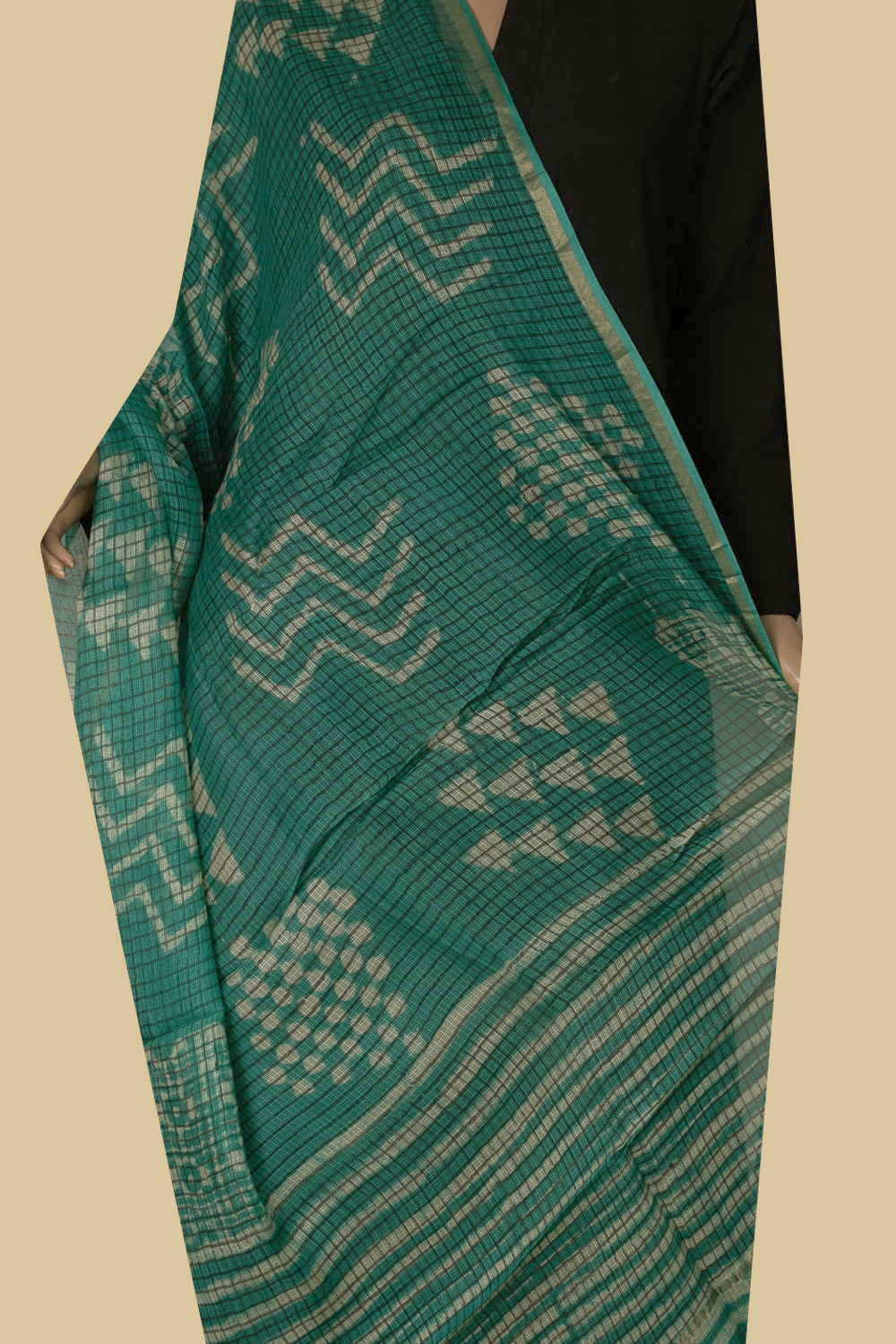 Pine Green Block Printed Kota Silk Dupatta