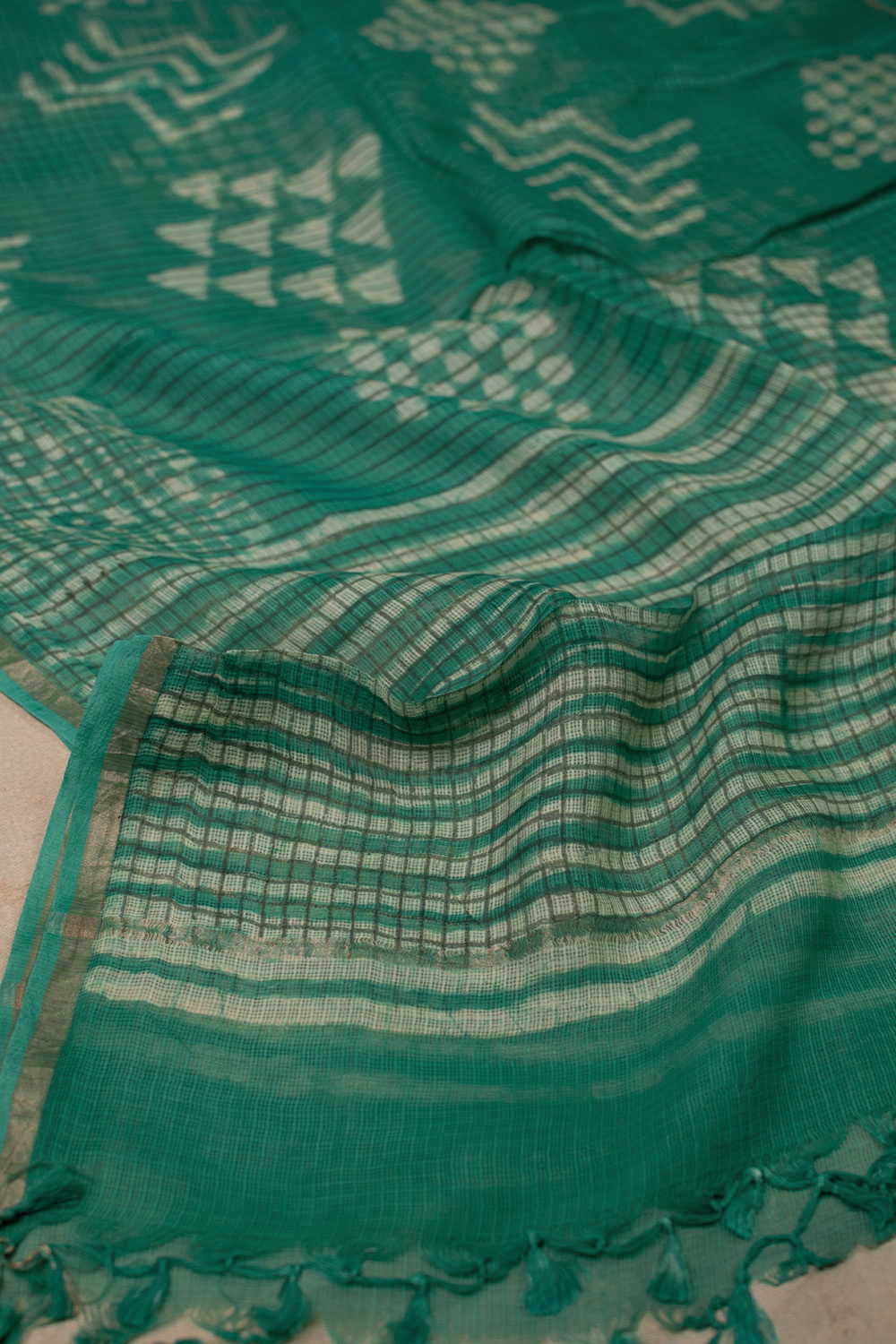 Pine Green Block Printed Kota Silk Dupatta - Image 2