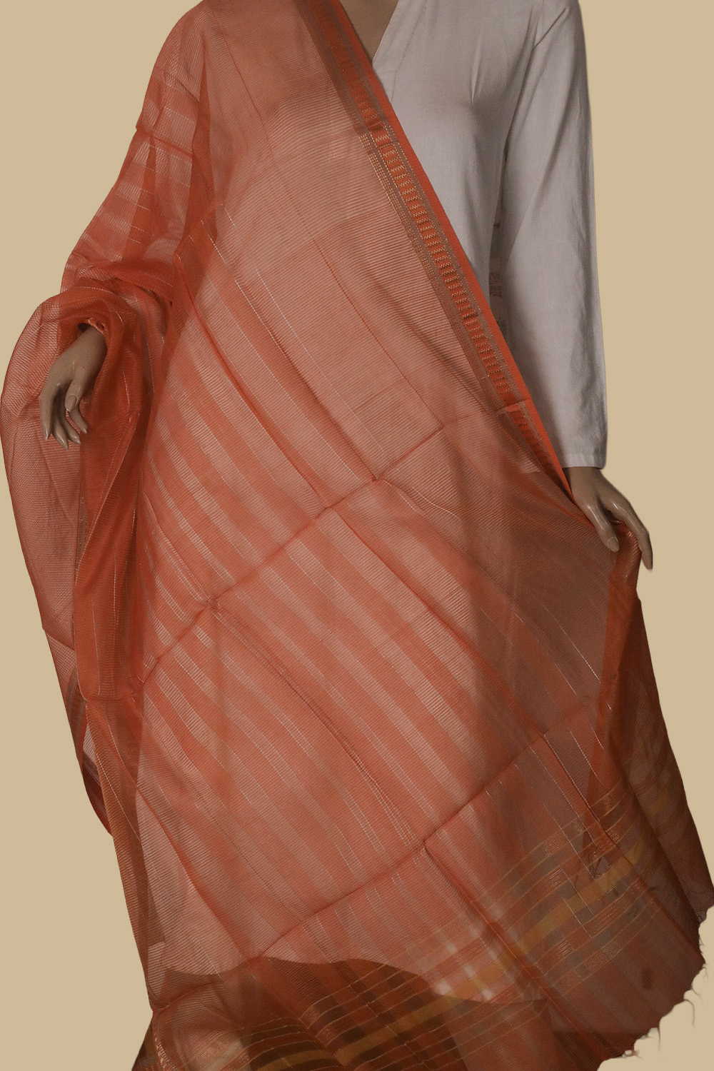 Orange Maheshwari Tissue Silk Cotton Dupatta - Image 2