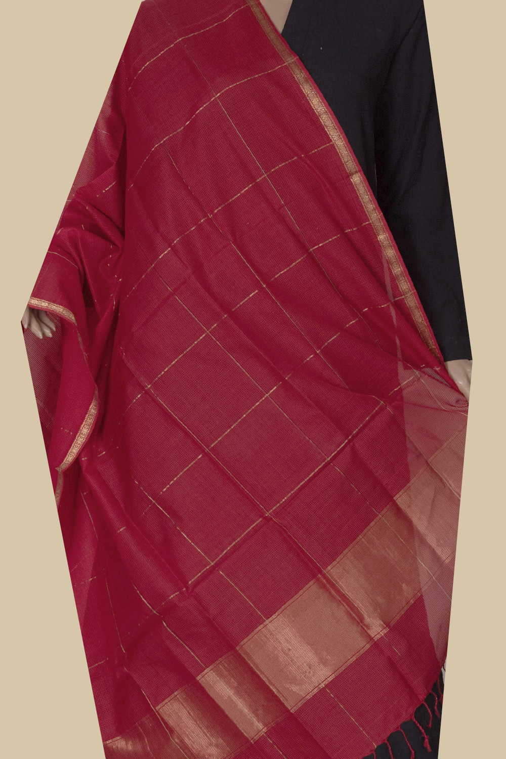 Bright Red Maheshwari Silk Cotton Dupatta - Image 2