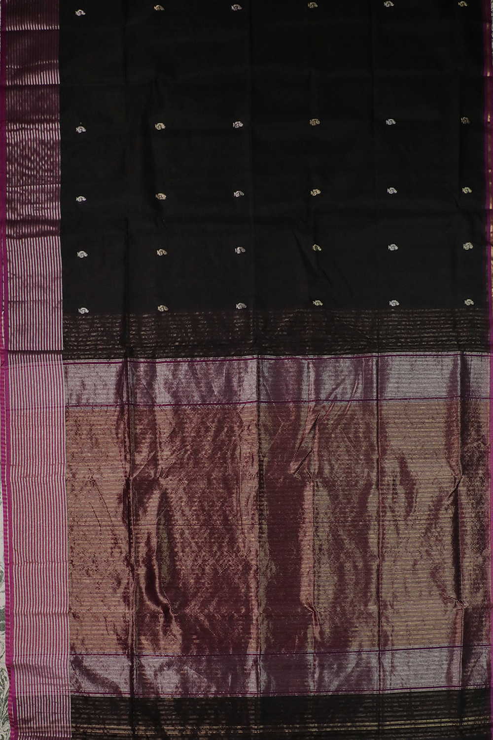 Silver Zari Butti - Pleasant Black Maheshwari Silk Cotton Saree - Image 2