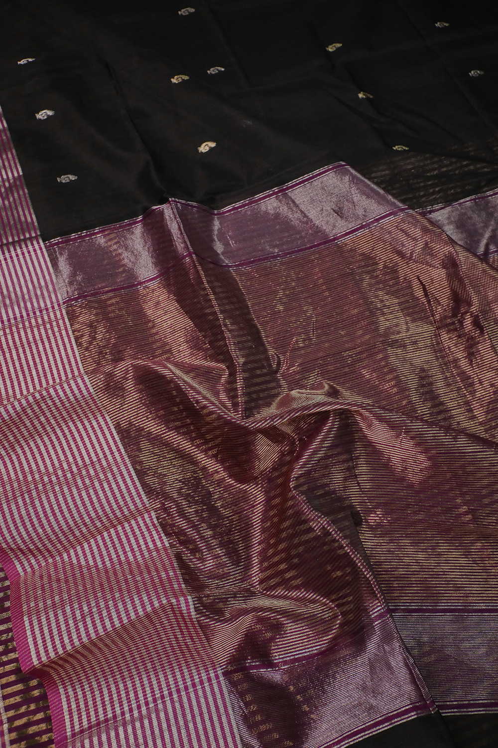 Silver Zari Butti - Pleasant Black Maheshwari Silk Cotton Saree - Image 3
